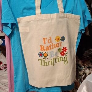 Natural Canvas Tote with Colorful Floral 'I'd Rather Be Thrifting' Print
